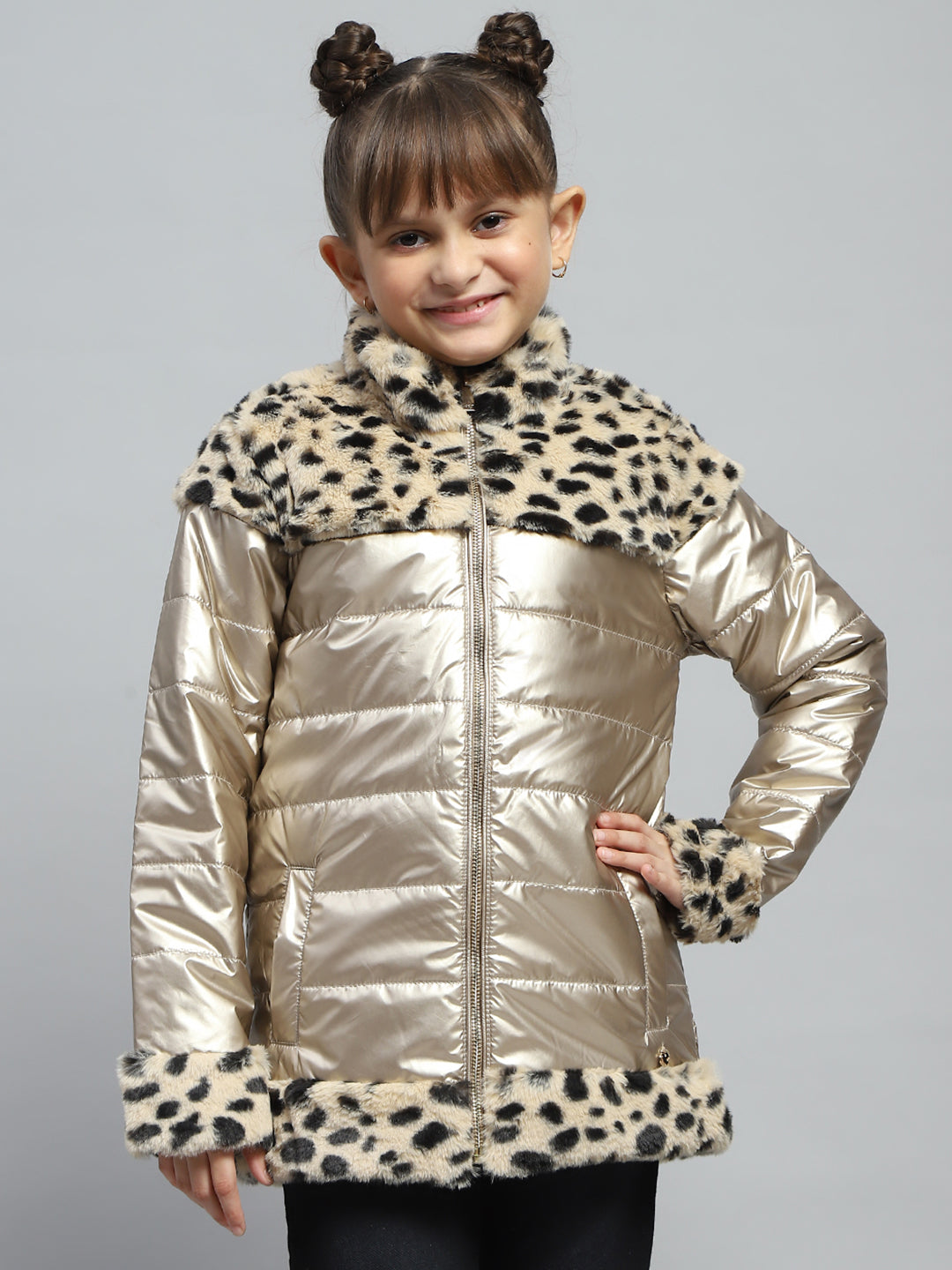 Girls Beige Solid Mock Neck Full Sleeve Jacket