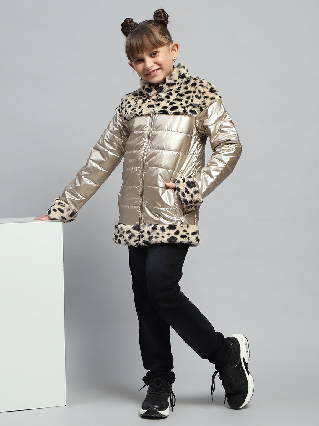 Girls Beige Solid Mock Neck Full Sleeve Jacket