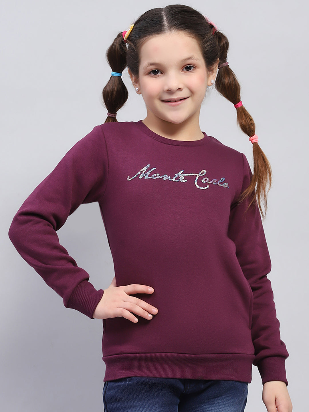 Girls Burgundy Printed Round Neck Full Sleeve Sweatshirt