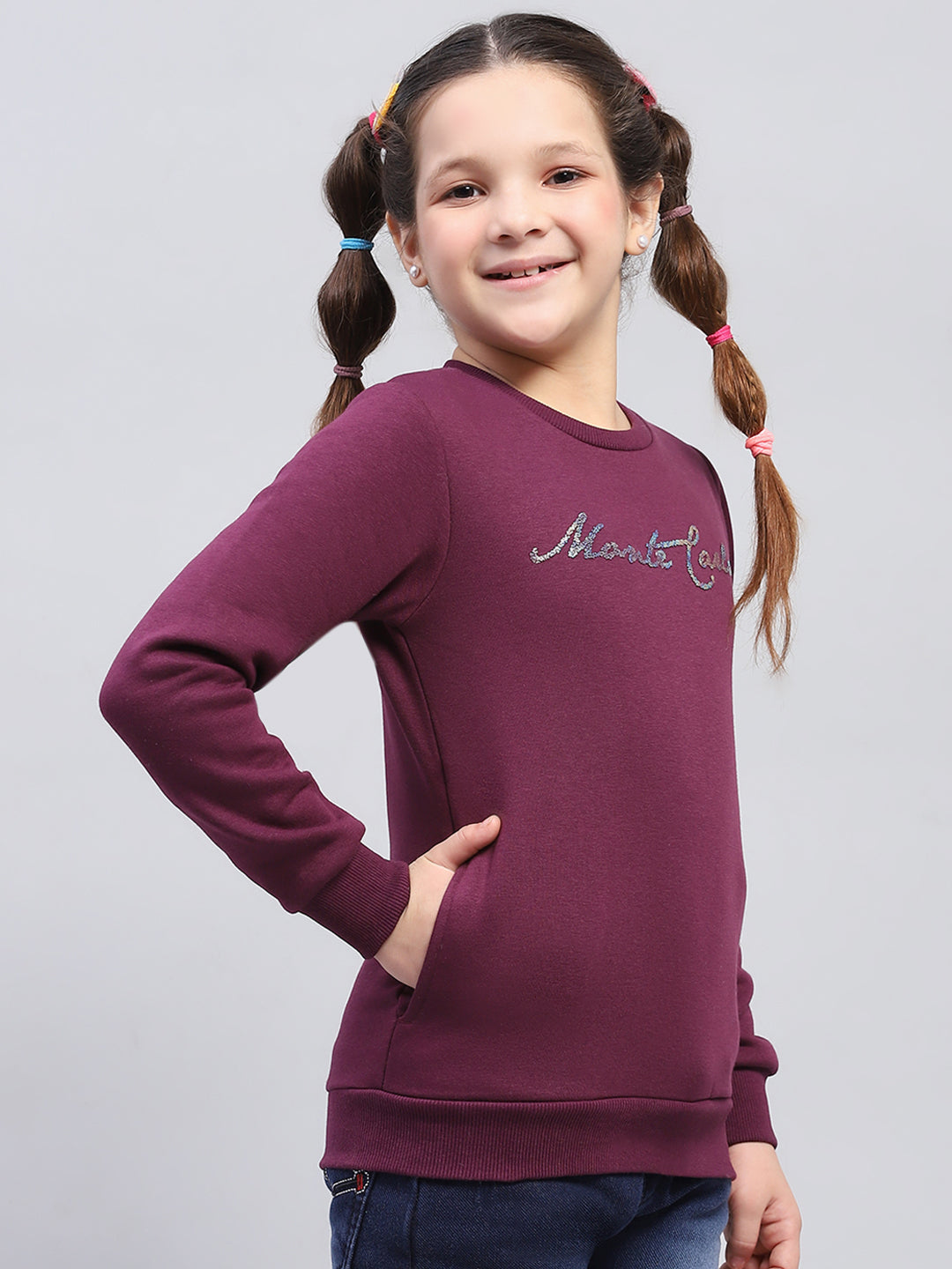 Girls Burgundy Printed Round Neck Full Sleeve Sweatshirt