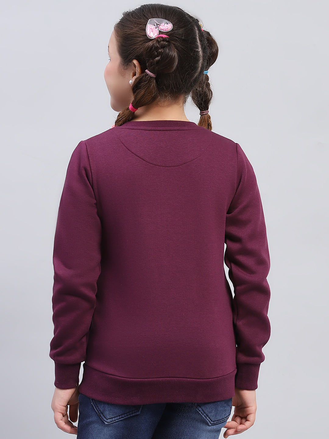 Girls Burgundy Printed Round Neck Full Sleeve Sweatshirt