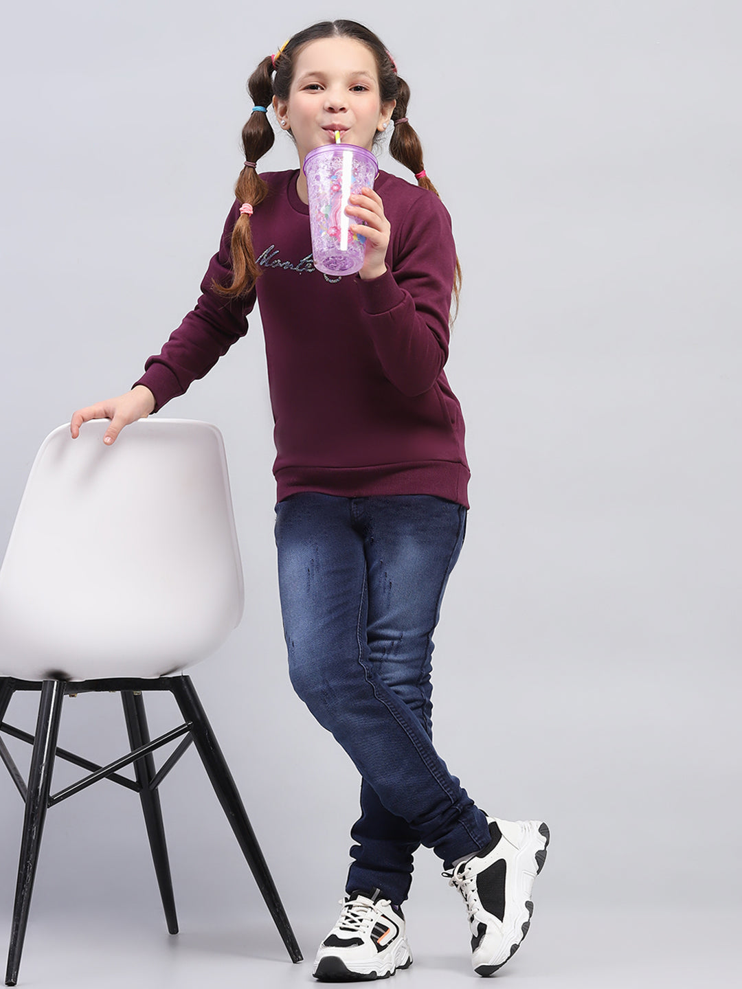 Girls Burgundy Printed Round Neck Full Sleeve Sweatshirt