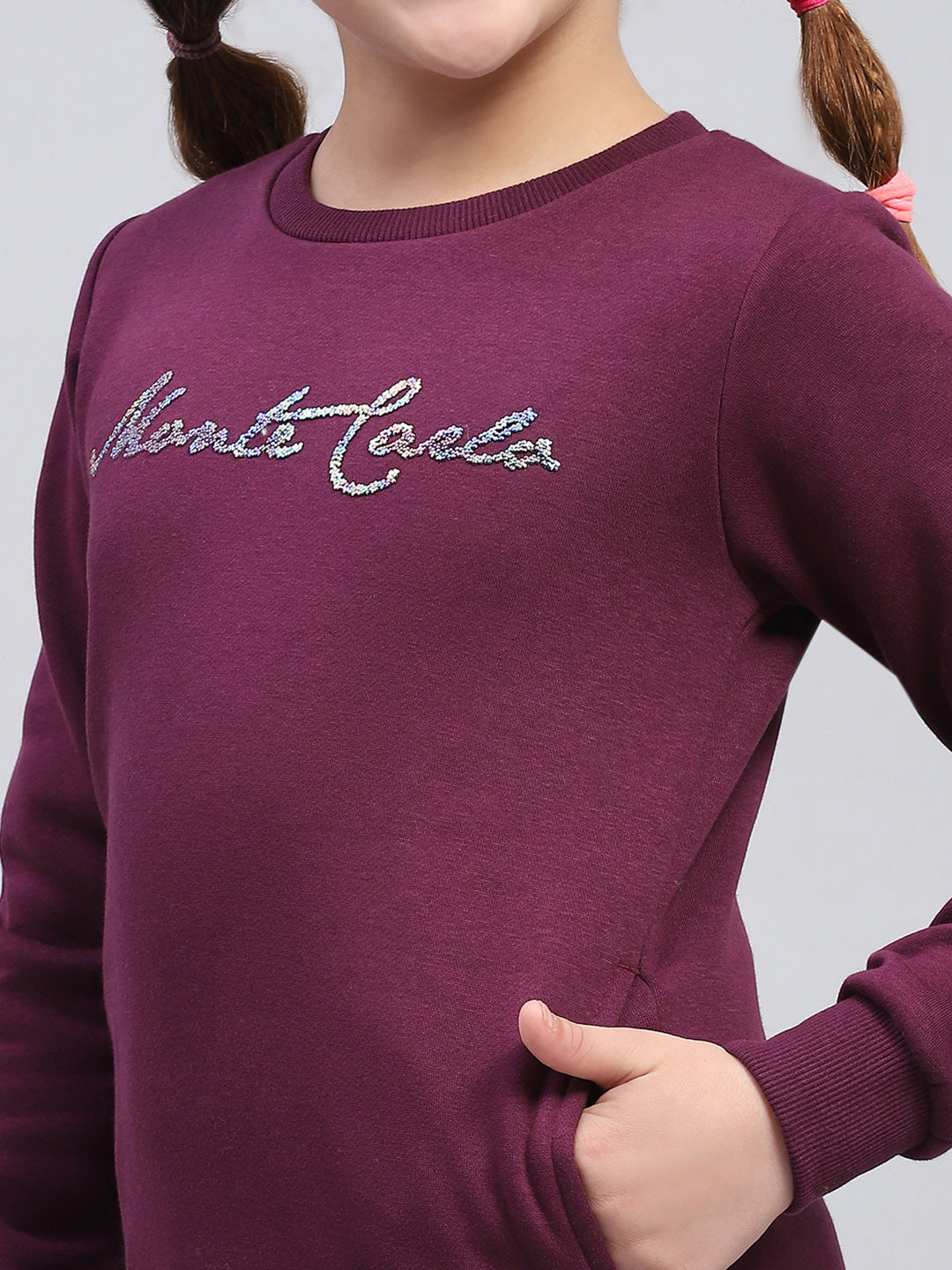 Girls Burgundy Printed Round Neck Full Sleeve Sweatshirt