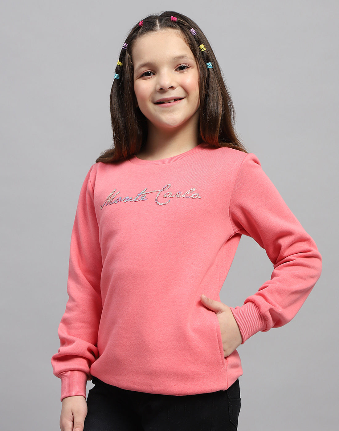 Girls Pink Solid Round Neck Full Sleeve Sweatshirt