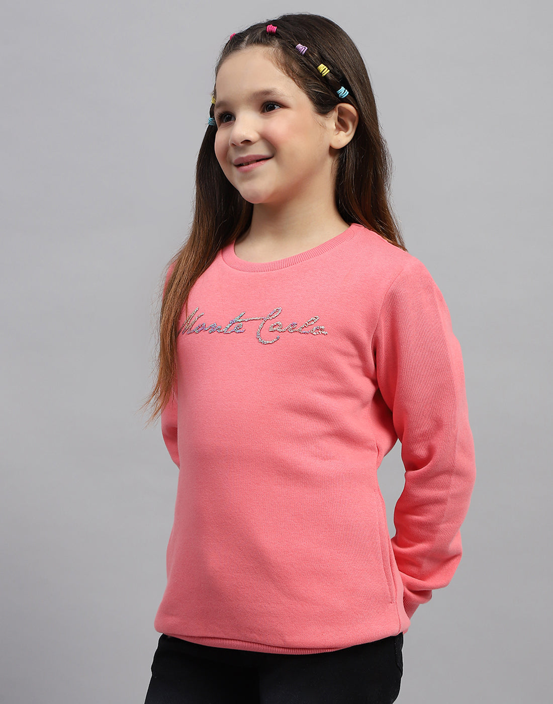 Girls Pink Solid Round Neck Full Sleeve Sweatshirt