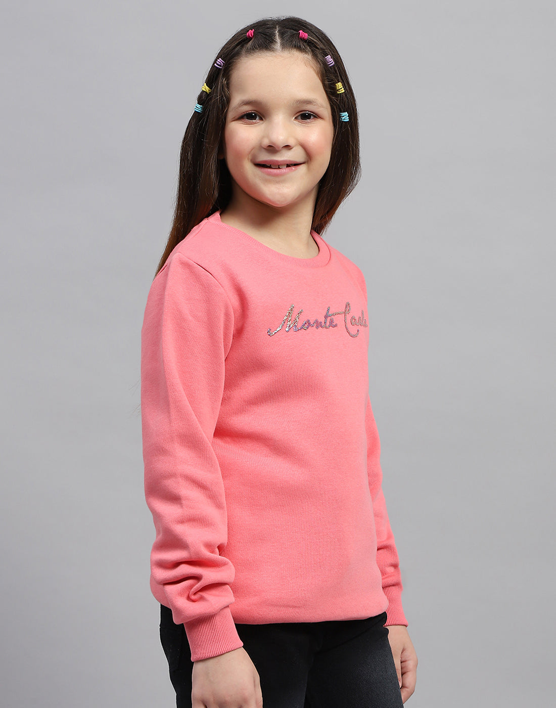 Girls Pink Solid Round Neck Full Sleeve Sweatshirt