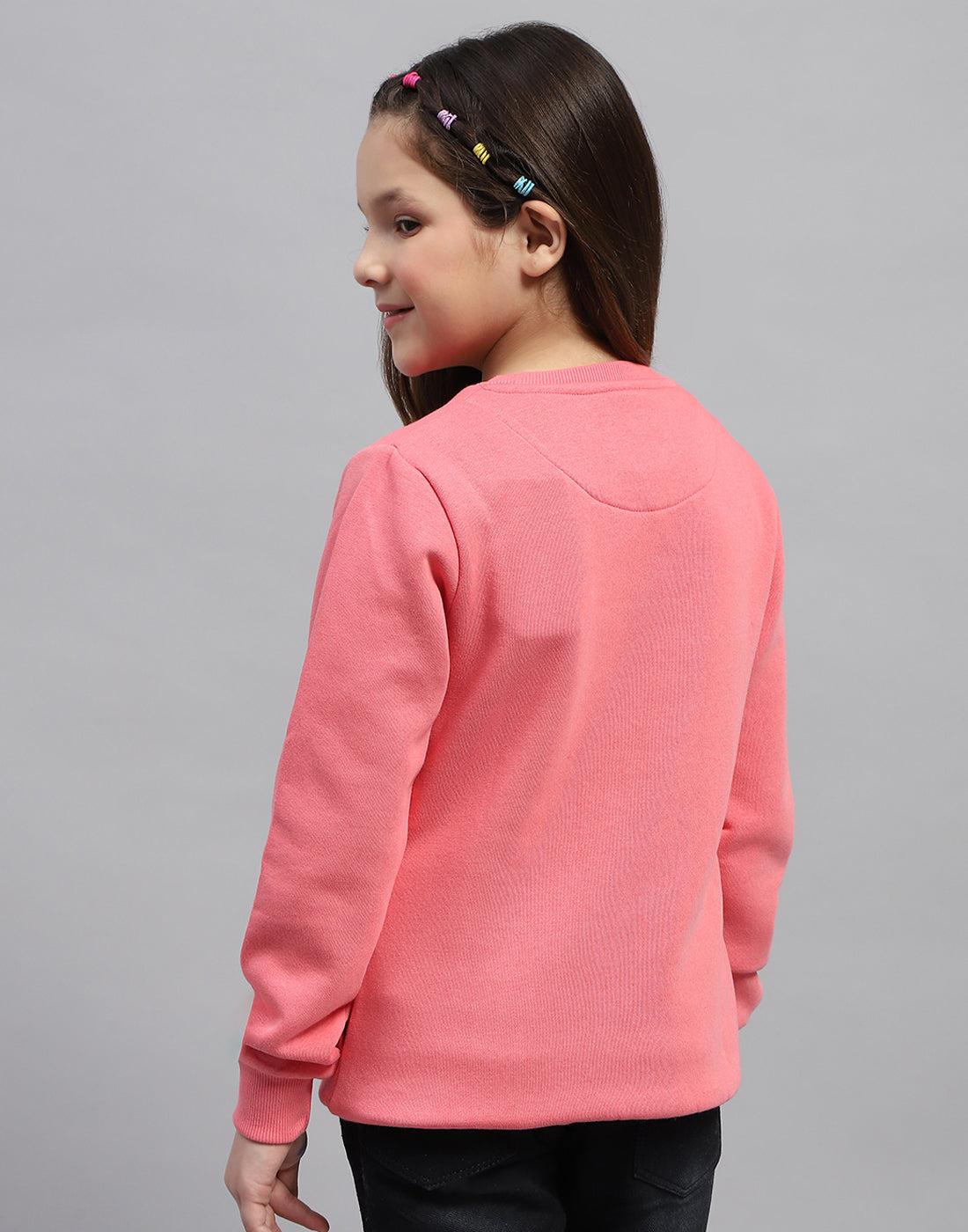 Girls Pink Solid Round Neck Full Sleeve Sweatshirt