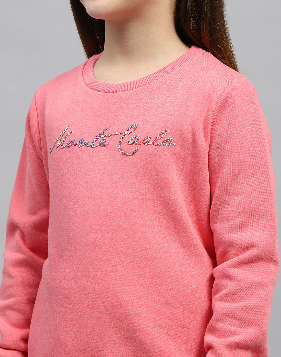 Girls Pink Solid Round Neck Full Sleeve Sweatshirt