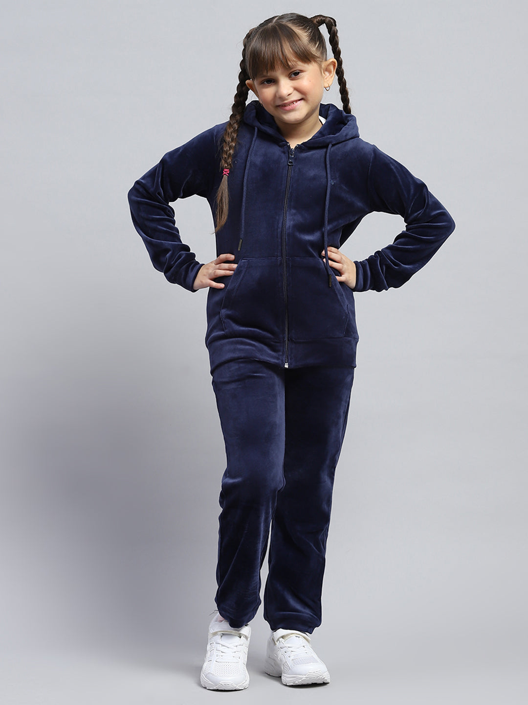 Girls Navy Blue Solid Hooded Full Sleeve Tracksuit