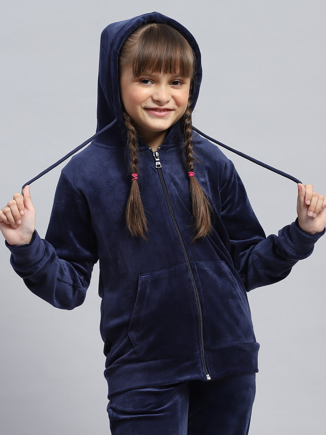 Girls Navy Blue Solid Hooded Full Sleeve Tracksuit