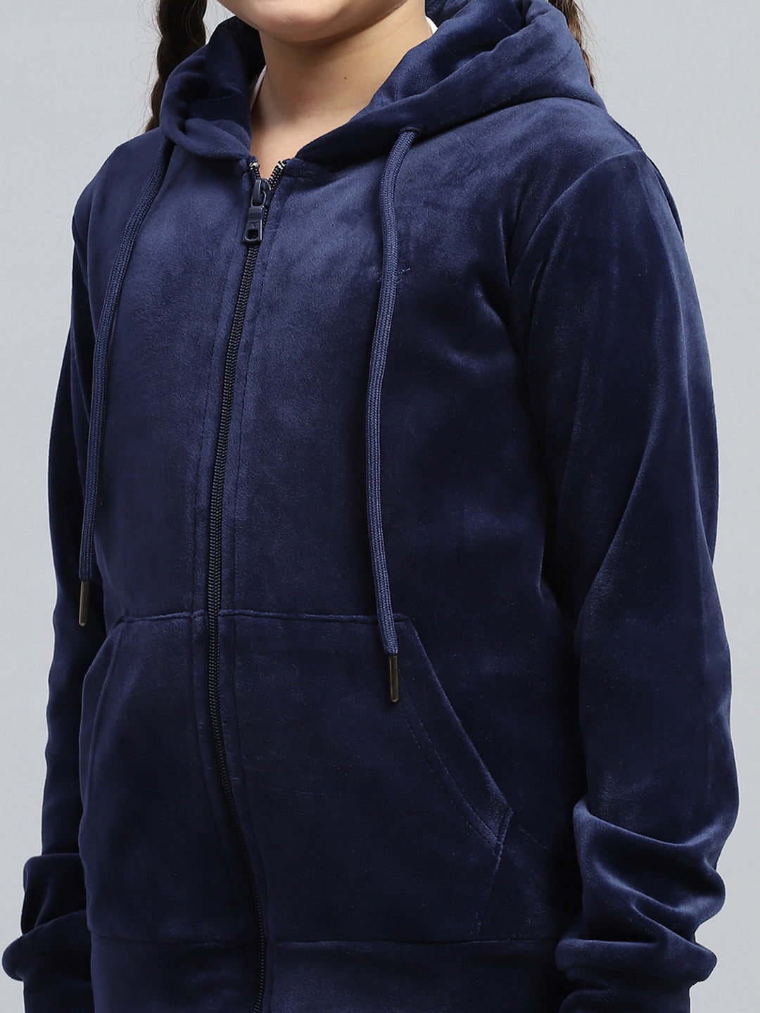 Girls Navy Blue Solid Hooded Full Sleeve Tracksuit