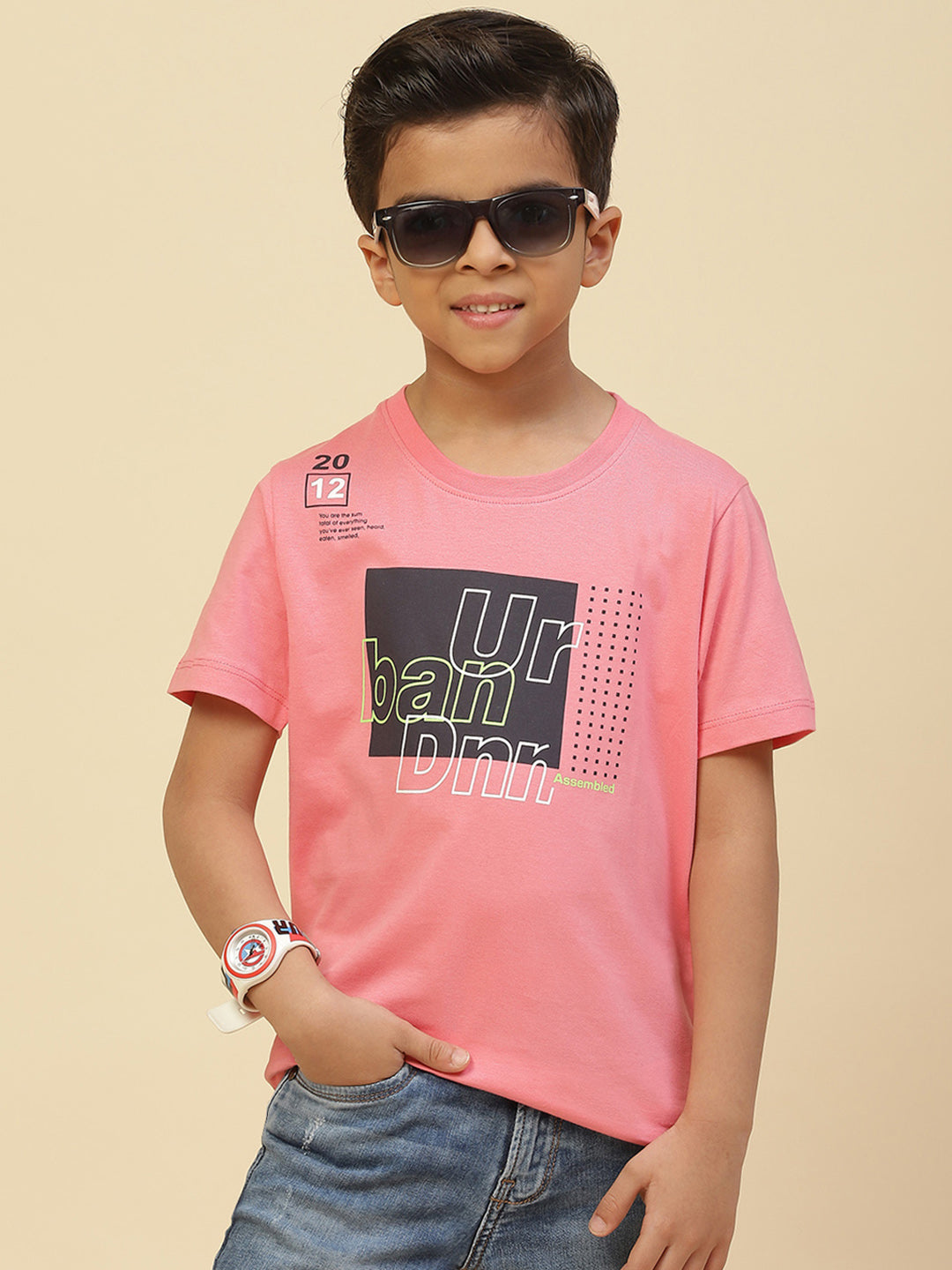 Boys Black & Pink Printed Round Neck Half Sleeve T-Shirt (Pack of 2)