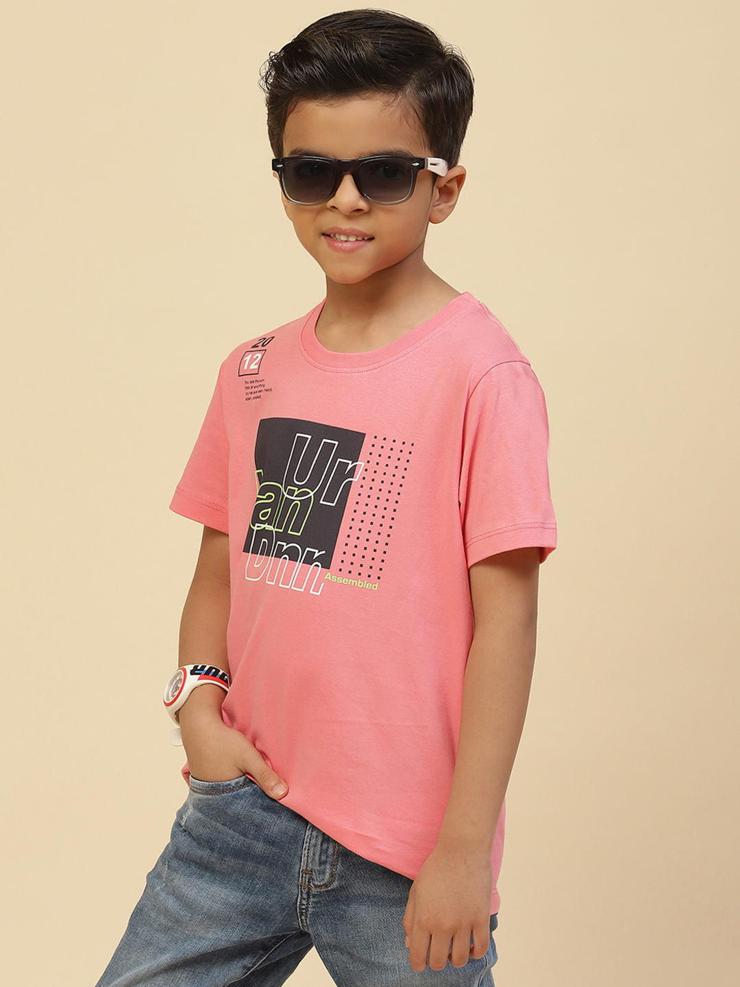 Boys Black & Pink Printed Round Neck Half Sleeve T-Shirt (Pack of 2)