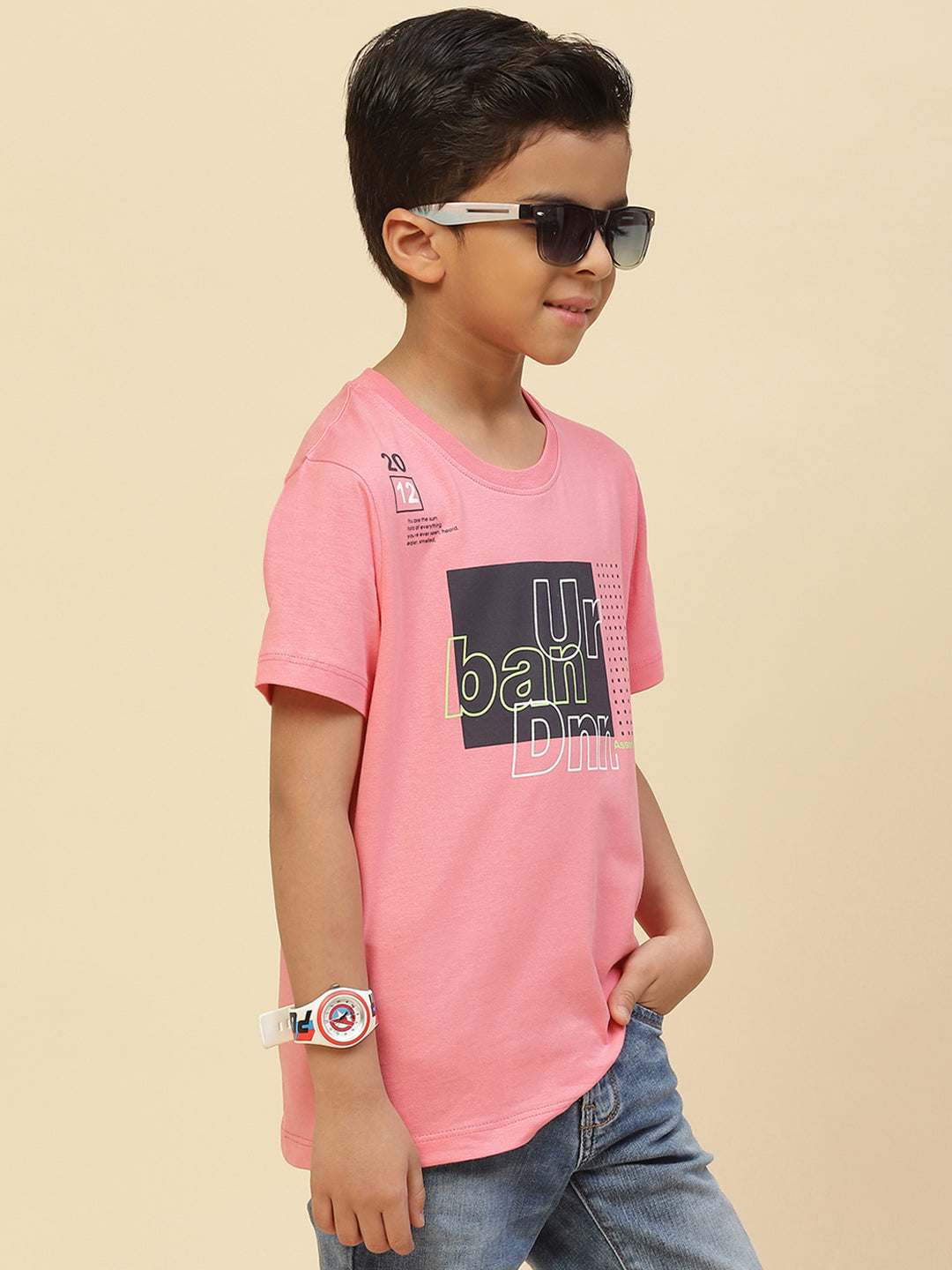 Boys Black & Pink Printed Round Neck Half Sleeve T-Shirt (Pack of 2)