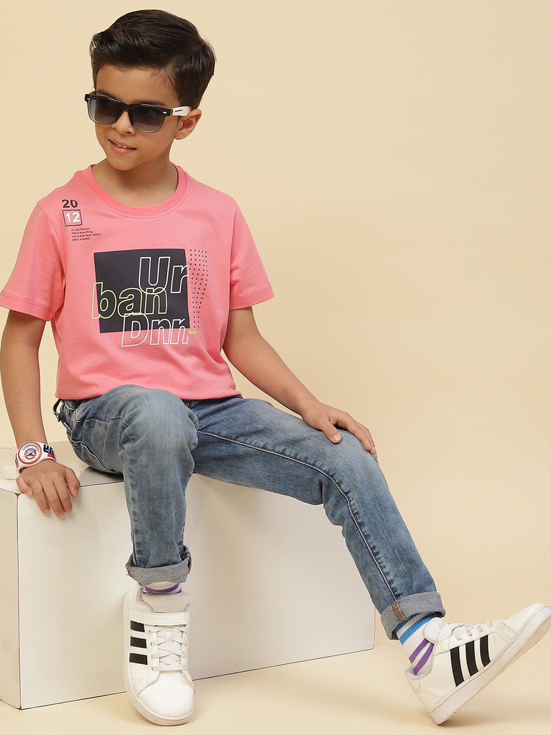 Boys Black & Pink Printed Round Neck Half Sleeve T-Shirt (Pack of 2)