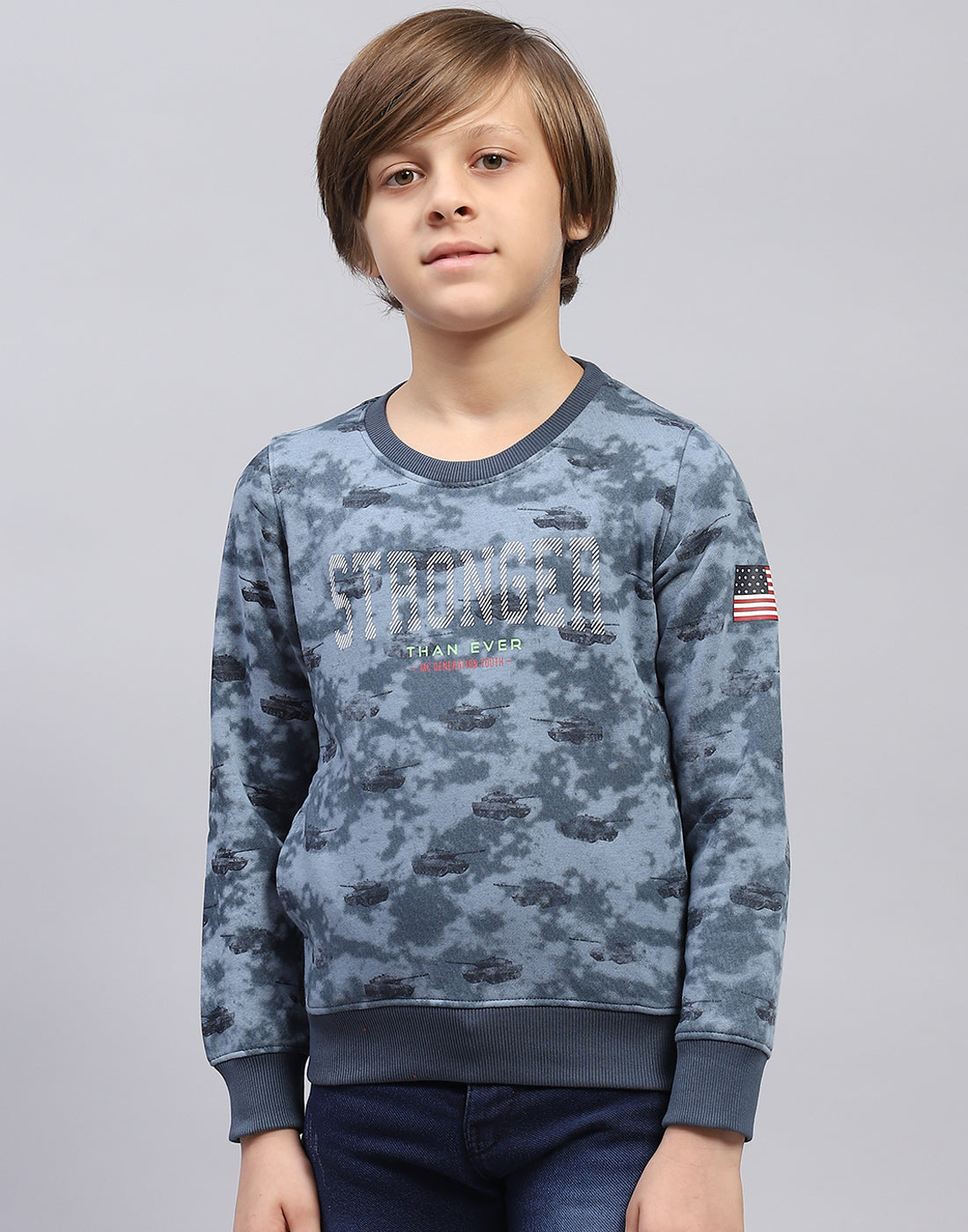 Boys Blue Printed Round Neck Full Sleeve Sweatshirt