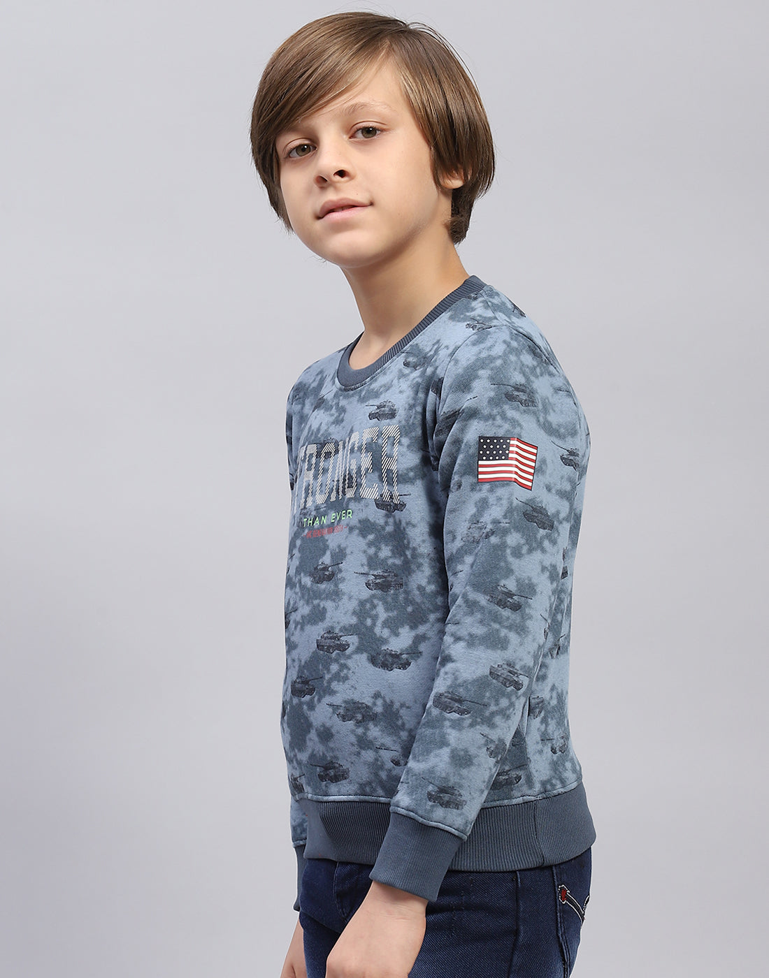 Boys Blue Printed Round Neck Full Sleeve Sweatshirt