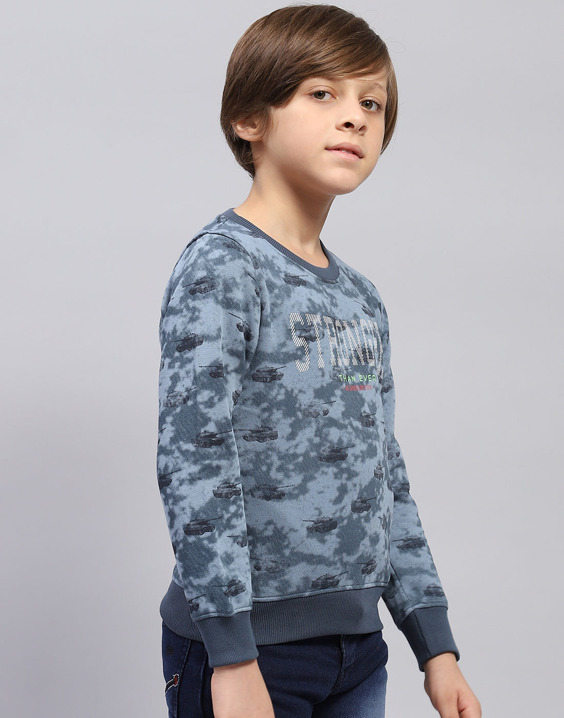 Boys Blue Printed Round Neck Full Sleeve Sweatshirt