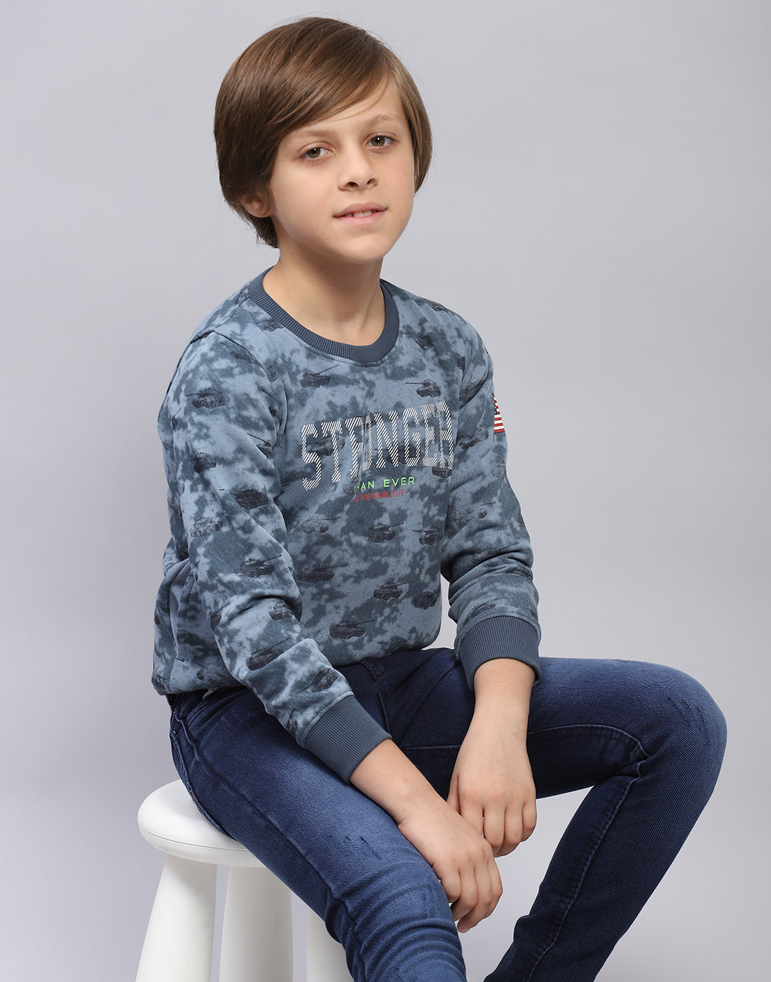 Boys Blue Printed Round Neck Full Sleeve Sweatshirt