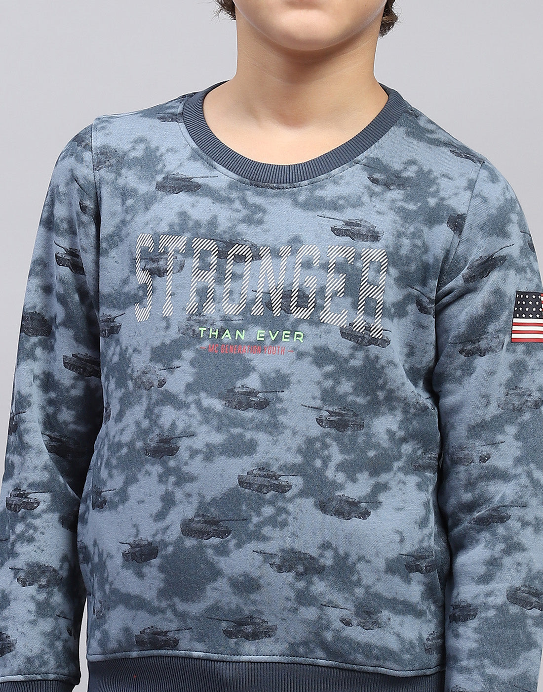 Boys Blue Printed Round Neck Full Sleeve Sweatshirt