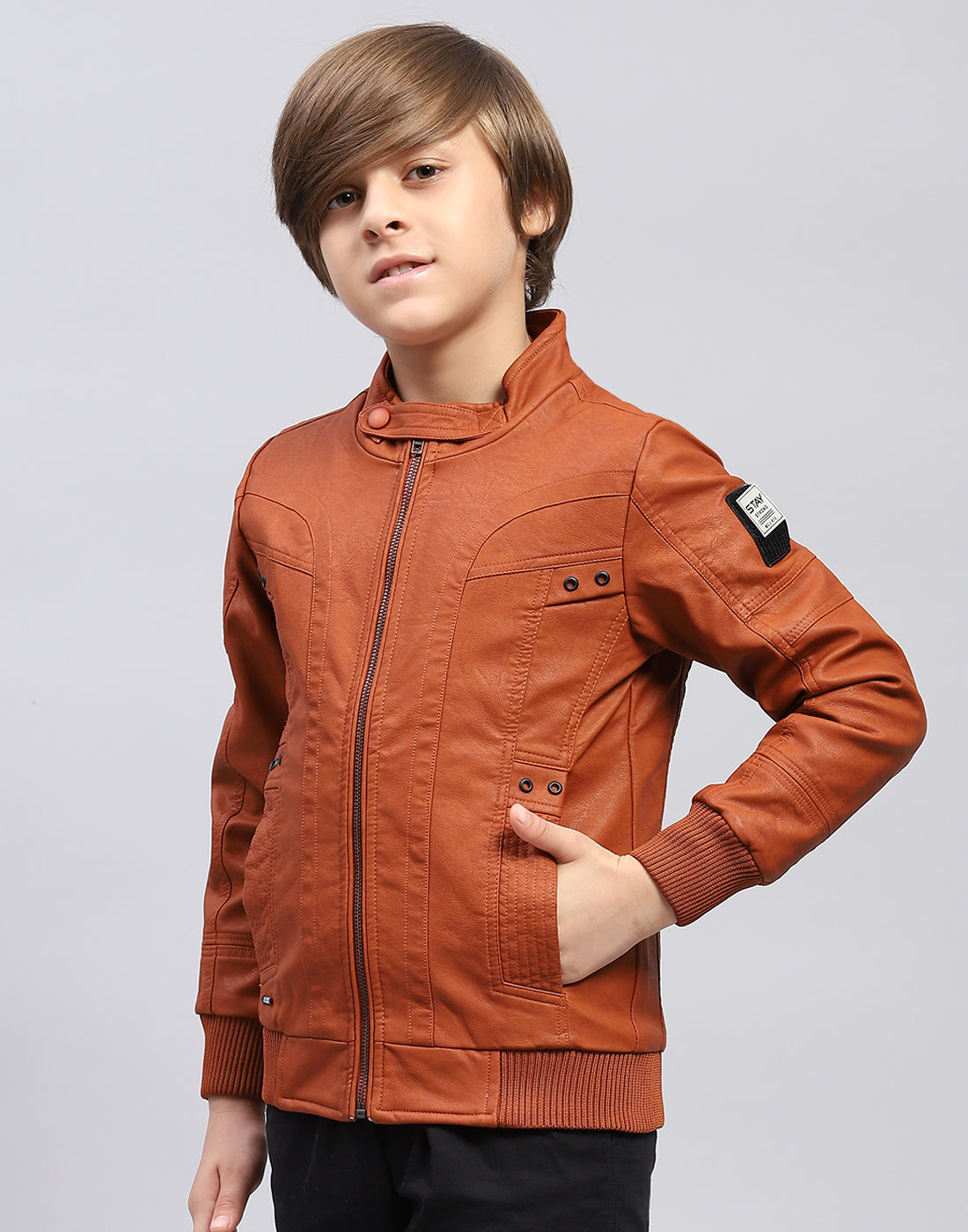 Boys Rust Self Design Stand Collar Full Sleeve Jacket