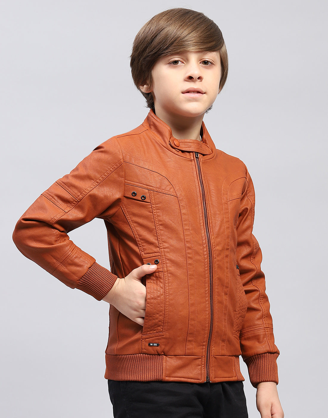 Boys Rust Self Design Stand Collar Full Sleeve Jacket