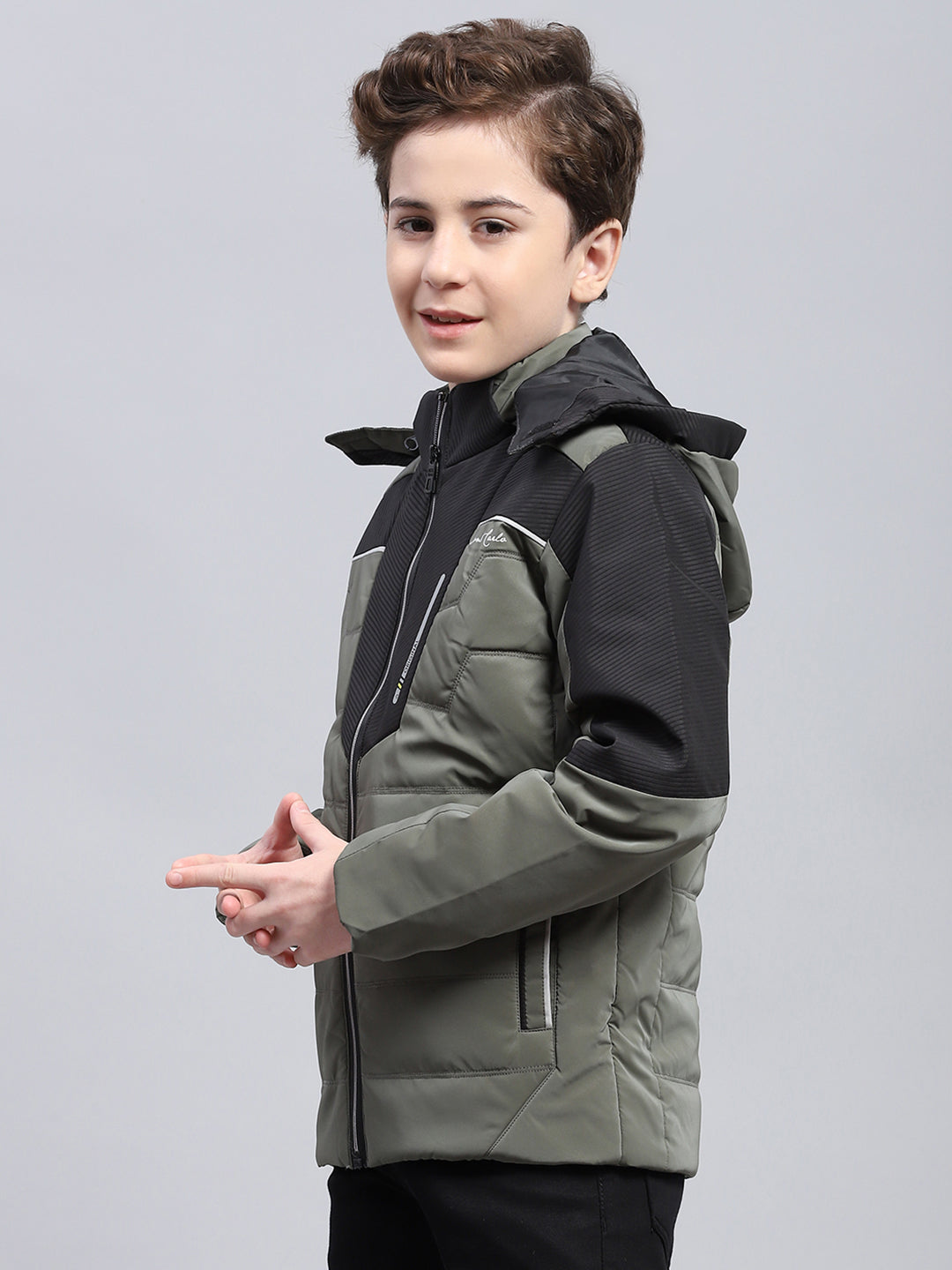 Boys Olive Solid Detachable Hood Full Sleeve Jacket