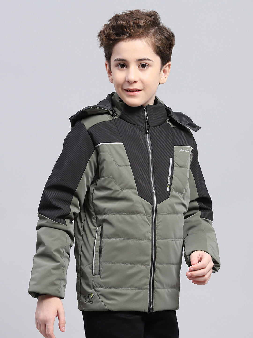 Boys Olive Solid Detachable Hood Full Sleeve Jacket