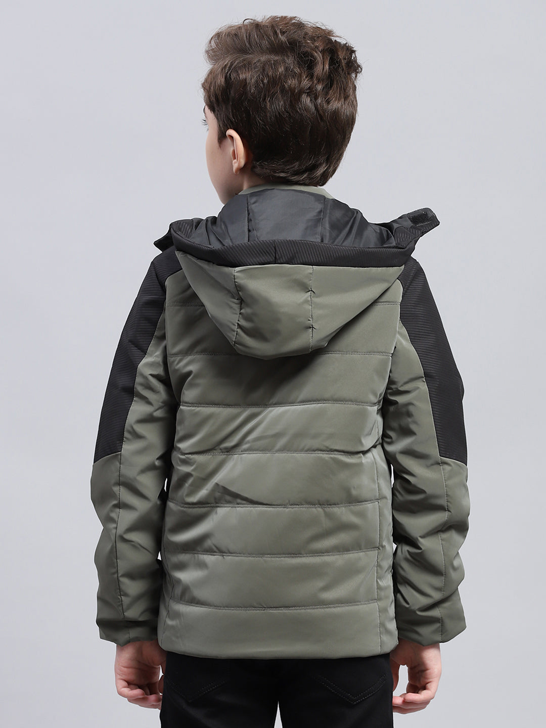 Boys Olive Solid Detachable Hood Full Sleeve Jacket