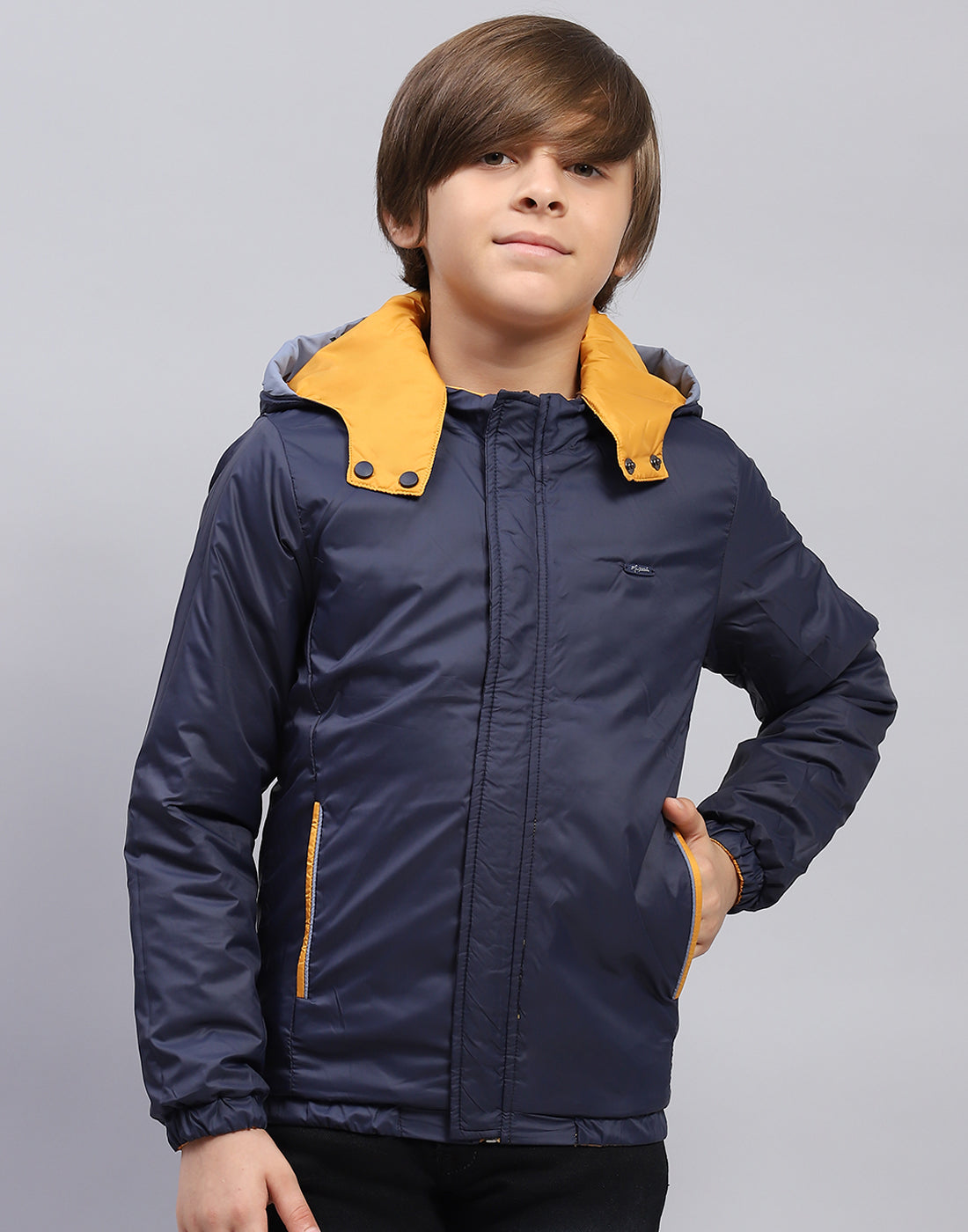 Boys Yellow Solid Hooded Full Sleeve Jacket