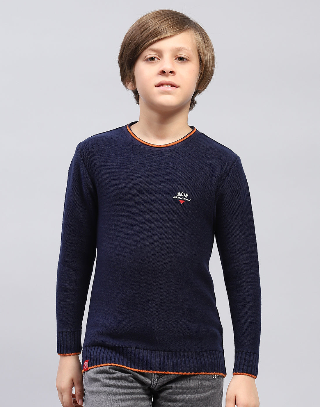 Boys Navy Blue Solid Round Neck Full Sleeve Pullover