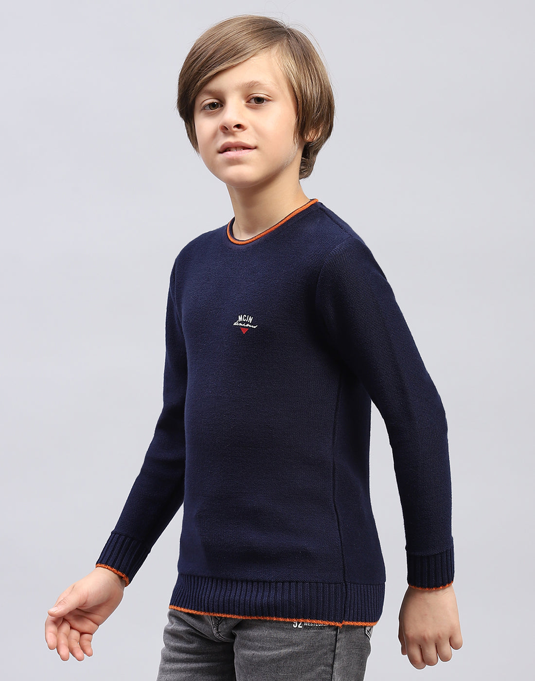 Boys Navy Blue Solid Round Neck Full Sleeve Pullover