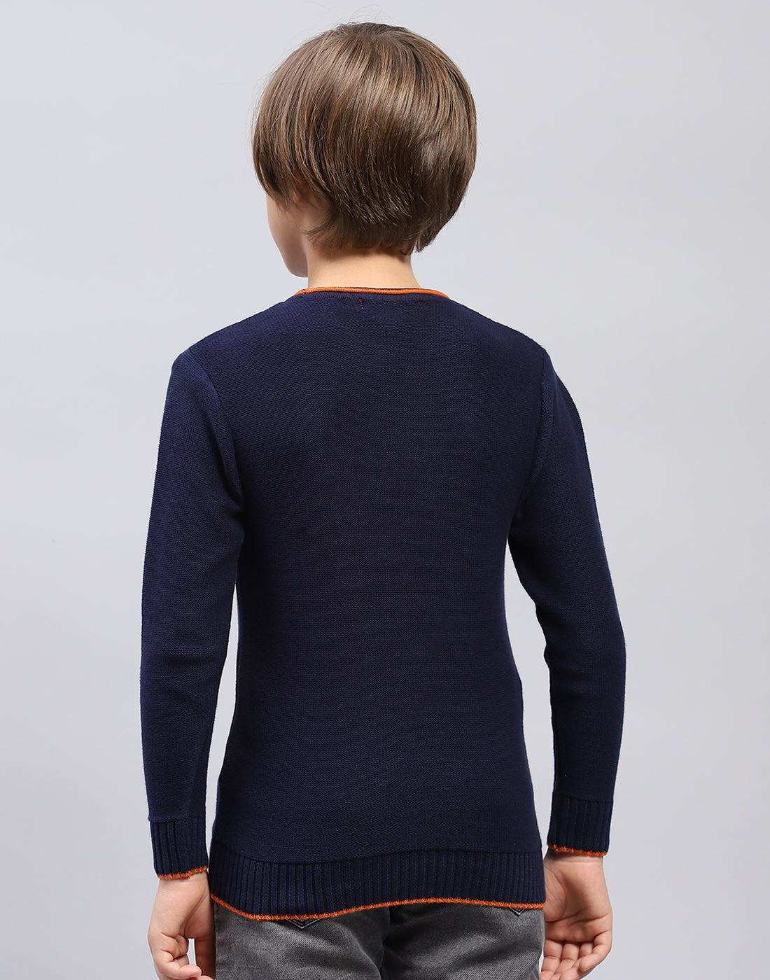 Boys Navy Blue Solid Round Neck Full Sleeve Pullover