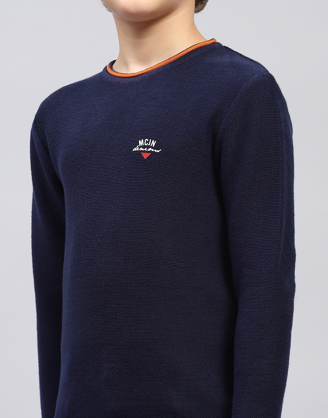 Boys Navy Blue Solid Round Neck Full Sleeve Pullover