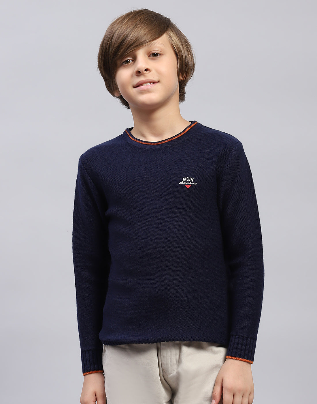 Boys Navy Blue Solid Round Neck Full Sleeve Pullover