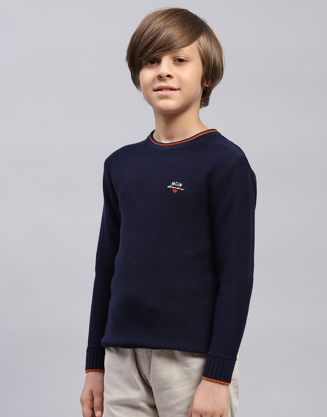 Boys Navy Blue Solid Round Neck Full Sleeve Pullover