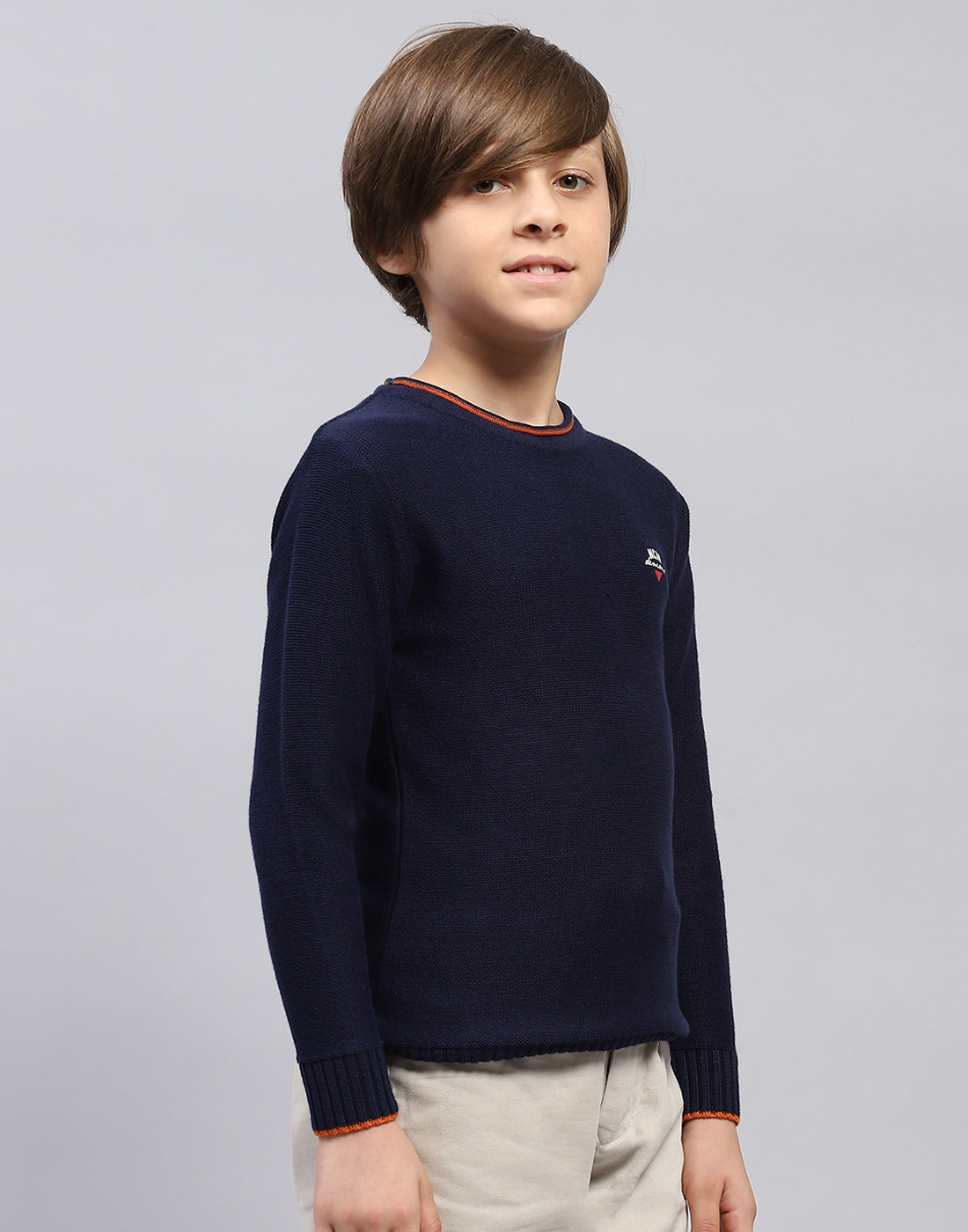 Boys Navy Blue Solid Round Neck Full Sleeve Pullover