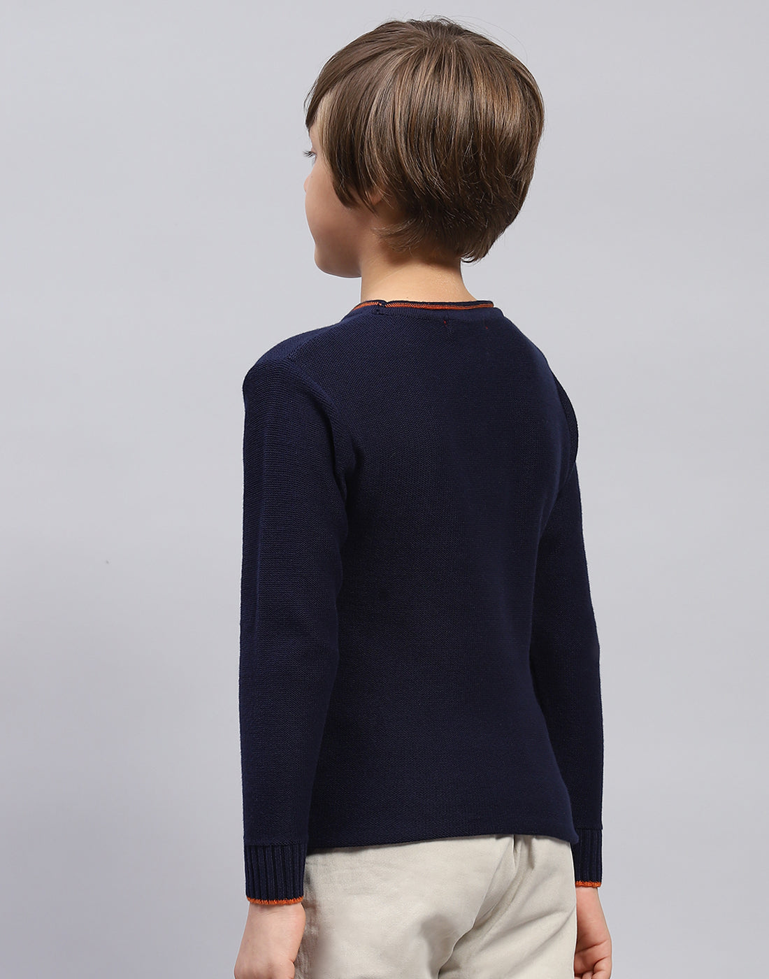 Boys Navy Blue Solid Round Neck Full Sleeve Pullover