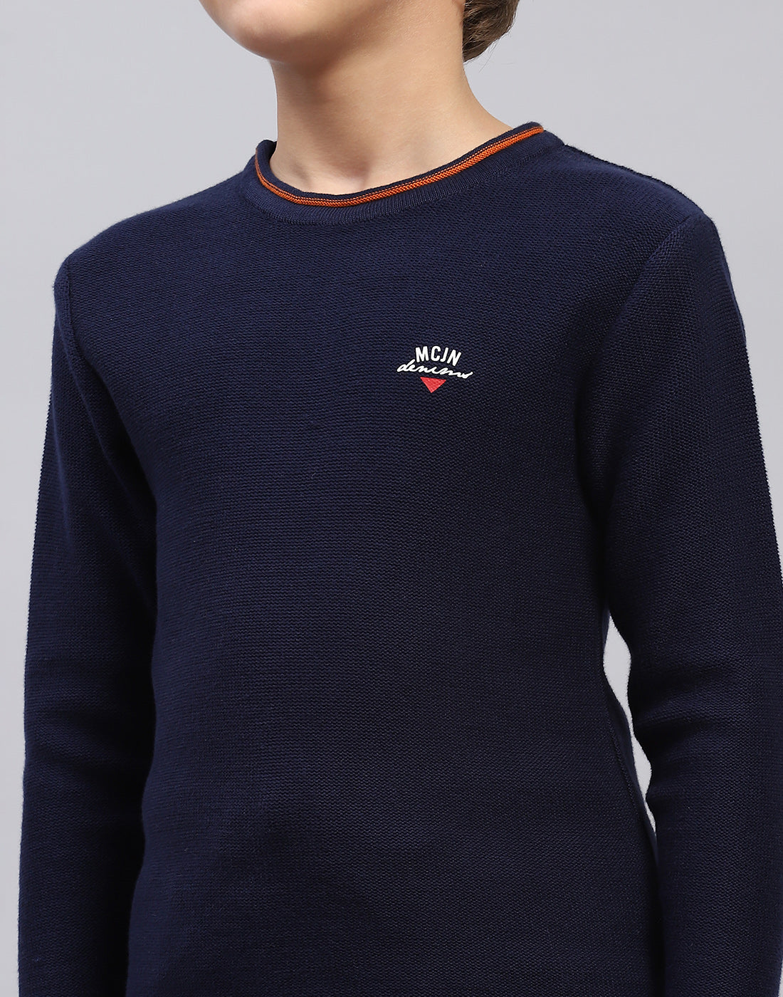 Boys Navy Blue Solid Round Neck Full Sleeve Pullover