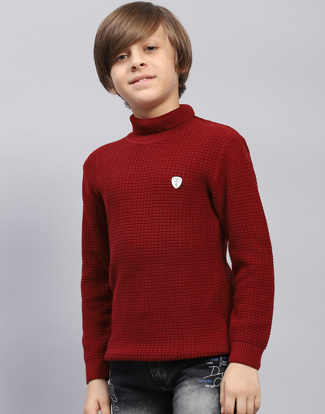 Boys Maroon Self Design Turtle Neck Full Sleeve Pullover