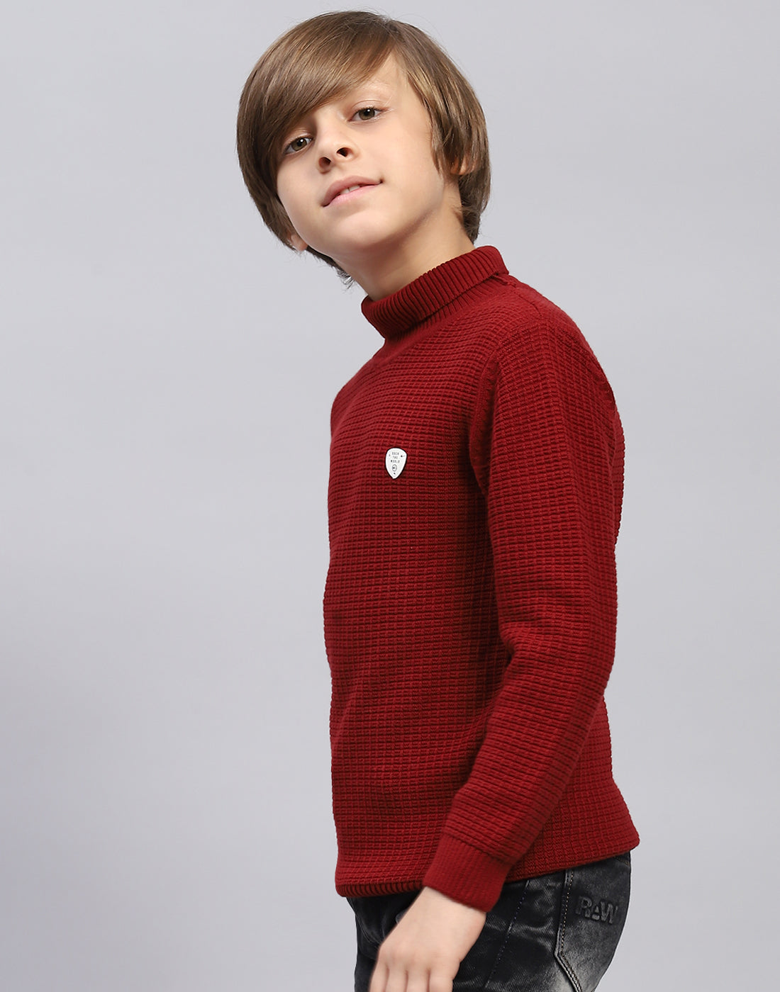 Boys Maroon Self Design Turtle Neck Full Sleeve Pullover