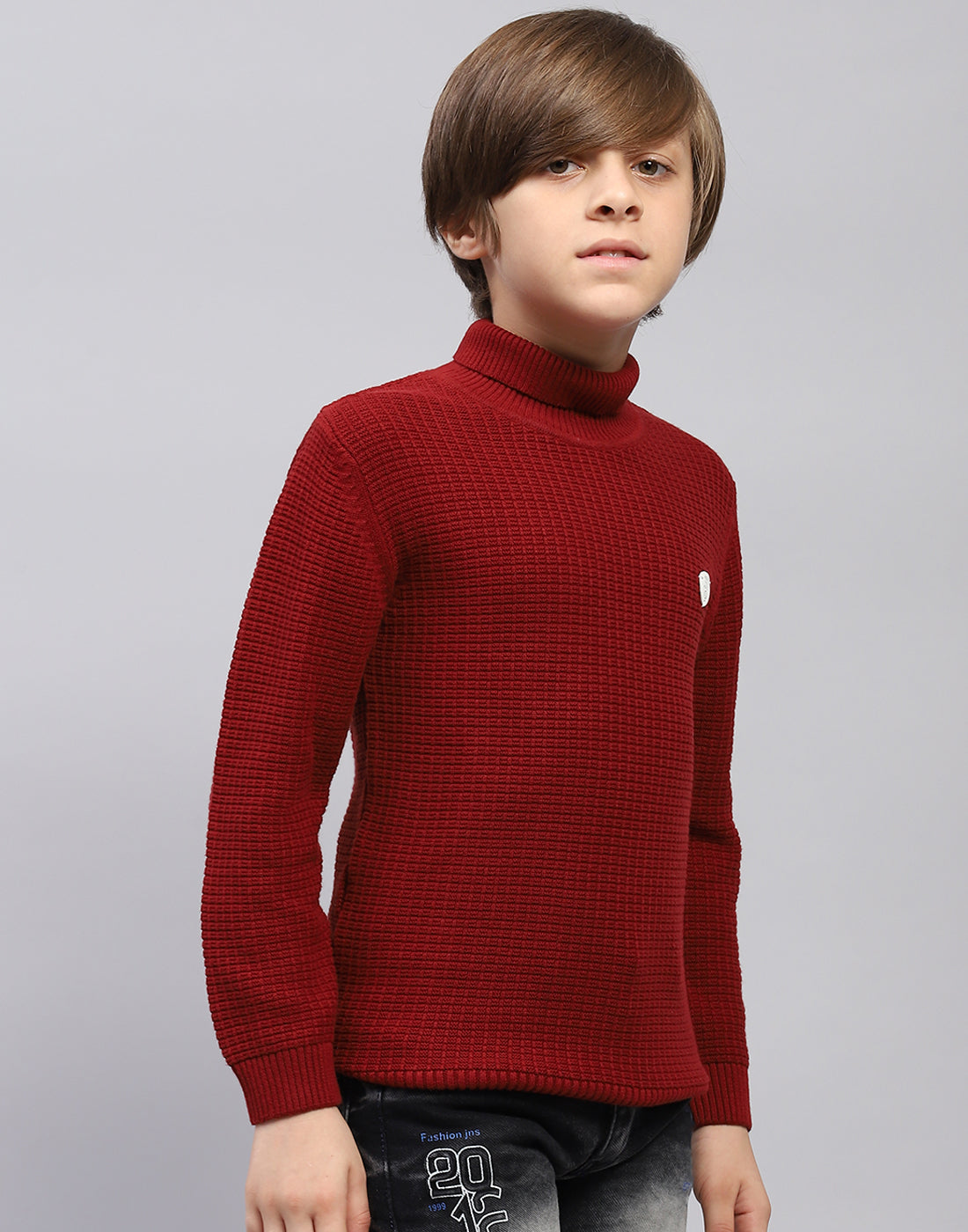 Boys Maroon Self Design Turtle Neck Full Sleeve Pullover