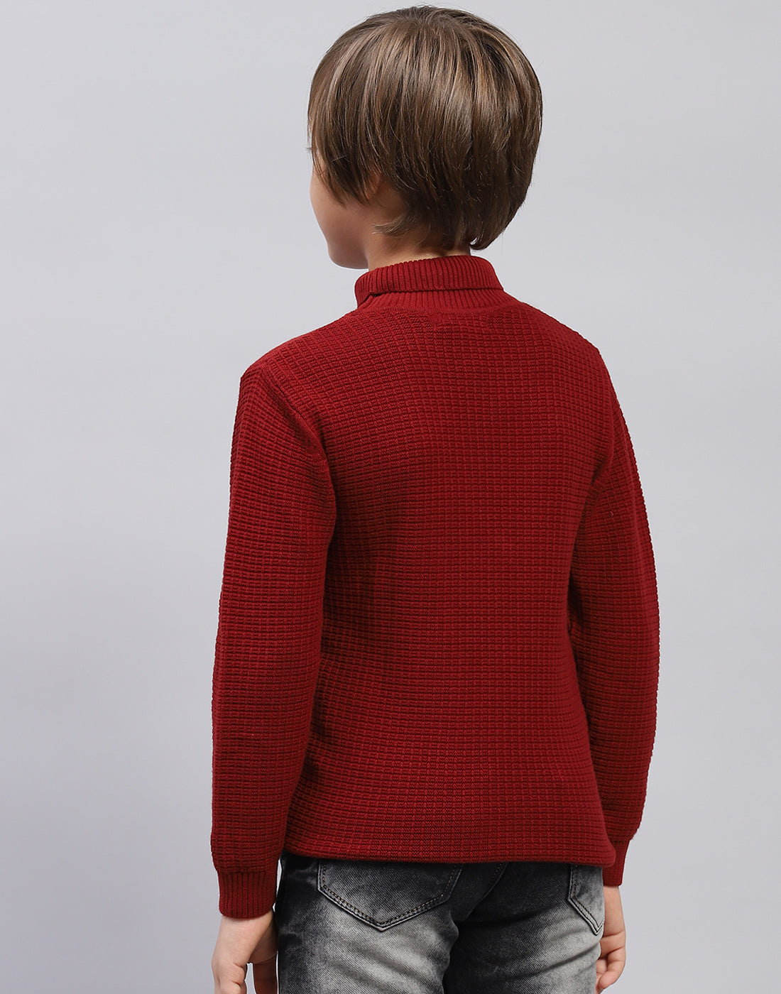 Boys Maroon Self Design Turtle Neck Full Sleeve Pullover