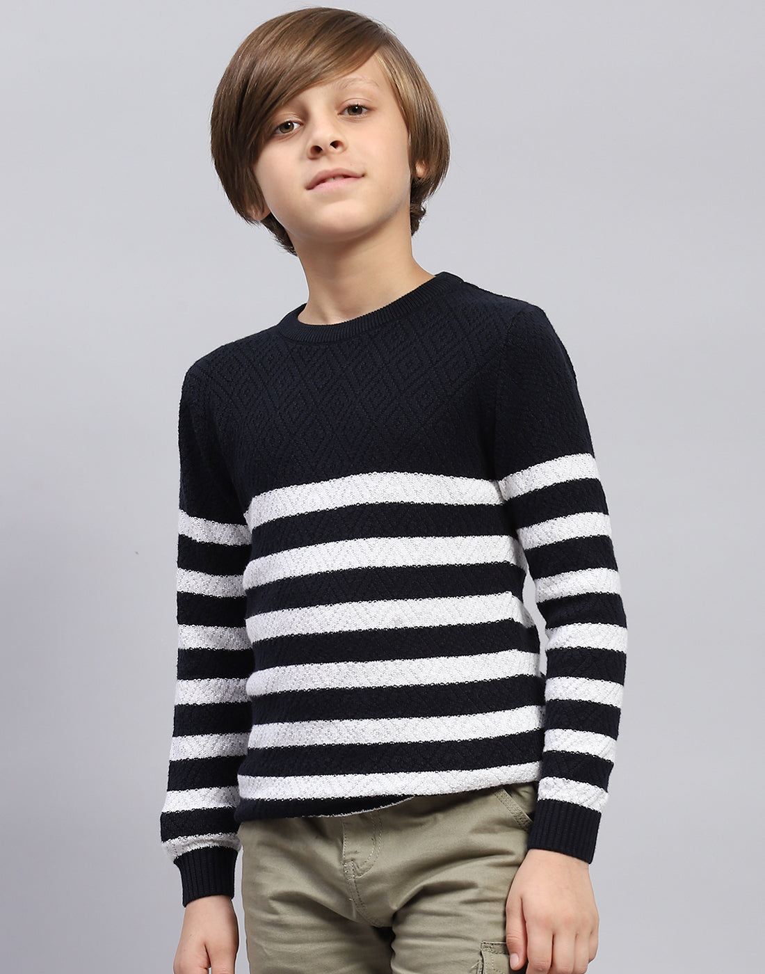 Boys Navy Blue Stripe Round Neck Full Sleeve Pullover