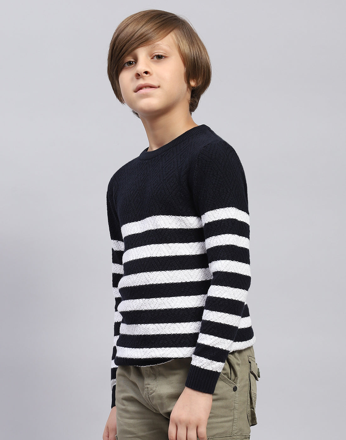 Boys Navy Blue Stripe Round Neck Full Sleeve Pullover