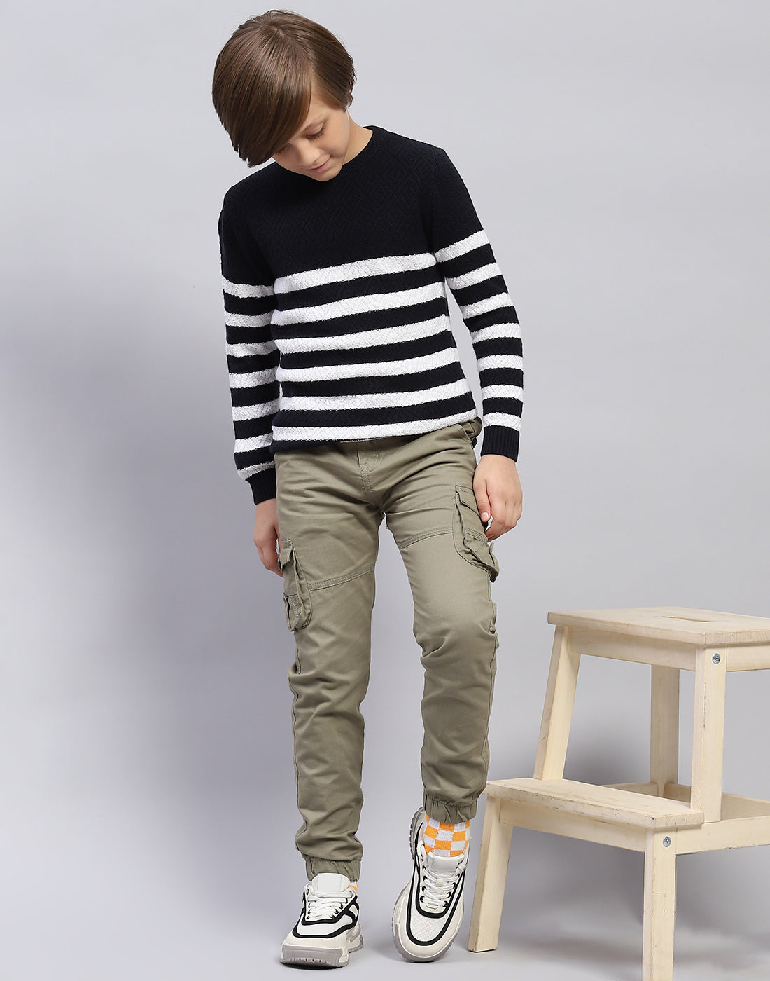 Boys Navy Blue Stripe Round Neck Full Sleeve Pullover