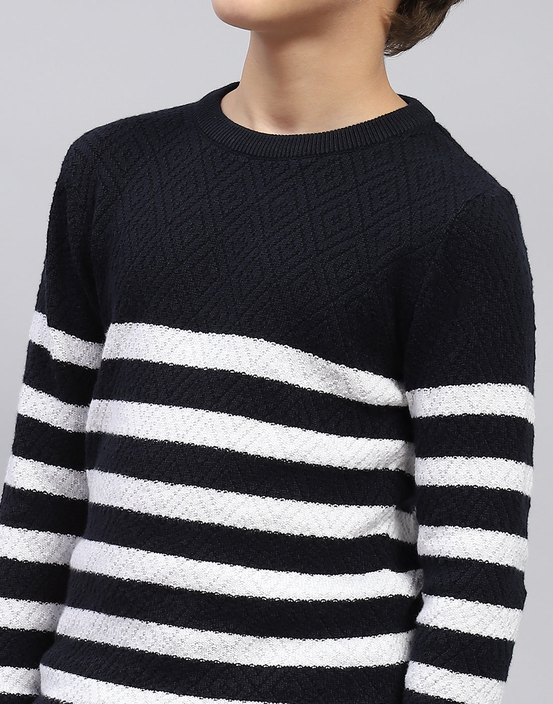 Boys Navy Blue Stripe Round Neck Full Sleeve Pullover