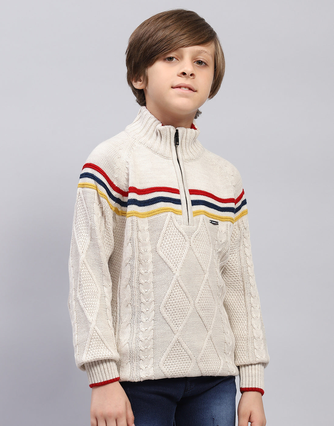 Boys Beige Self Design Turtle Neck Full Sleeve Pullover