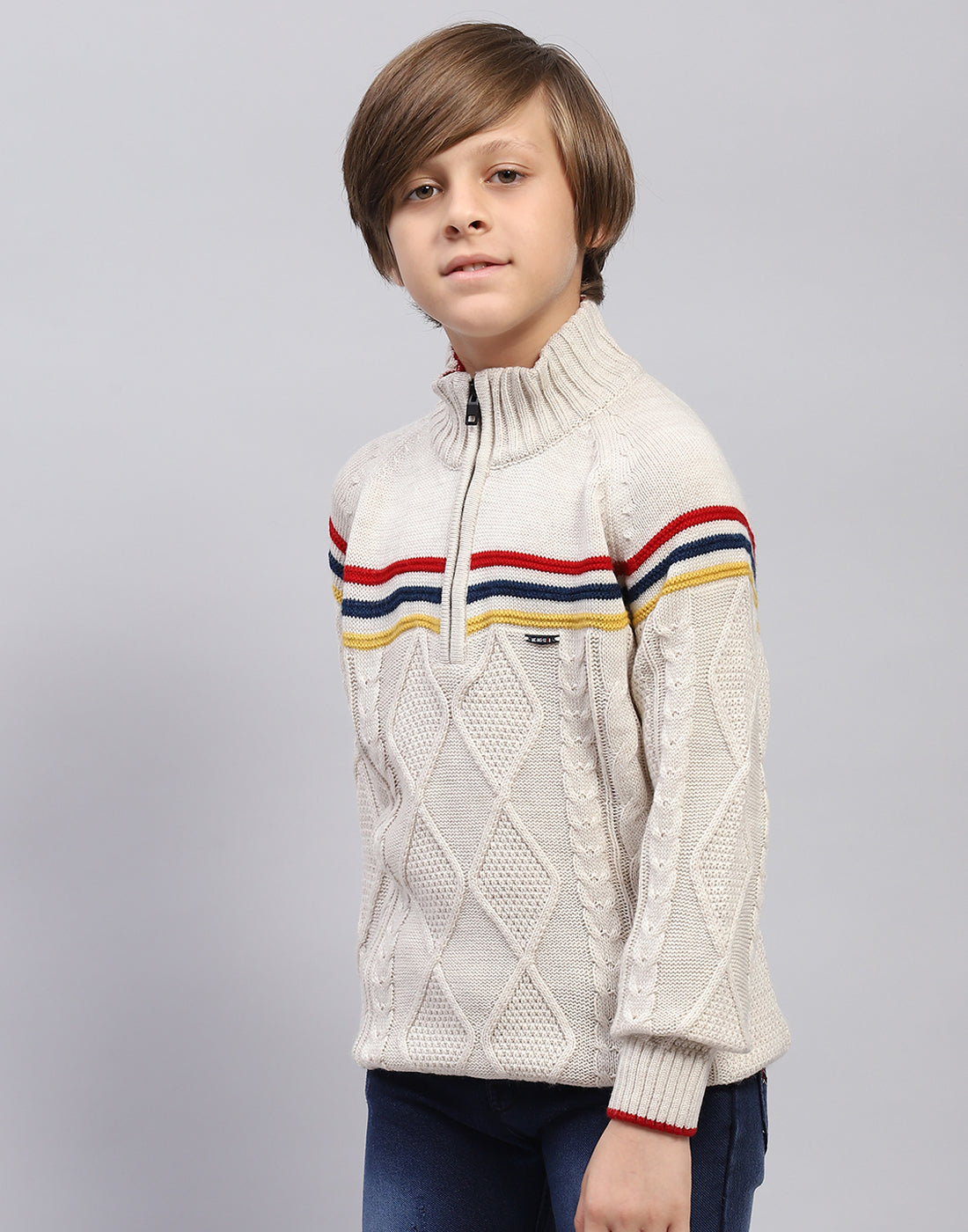 Boys Beige Self Design Turtle Neck Full Sleeve Pullover