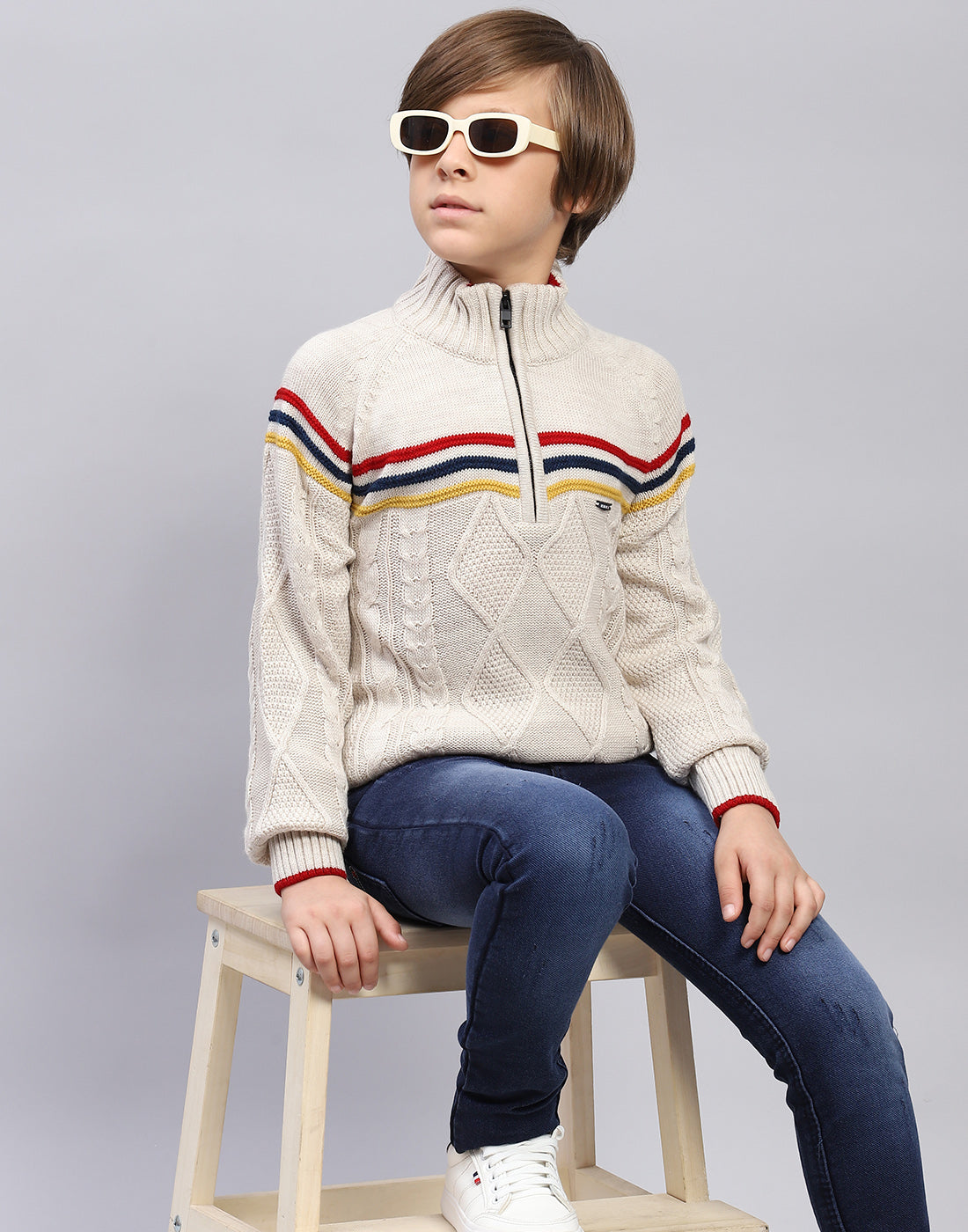 Boys Beige Self Design Turtle Neck Full Sleeve Pullover